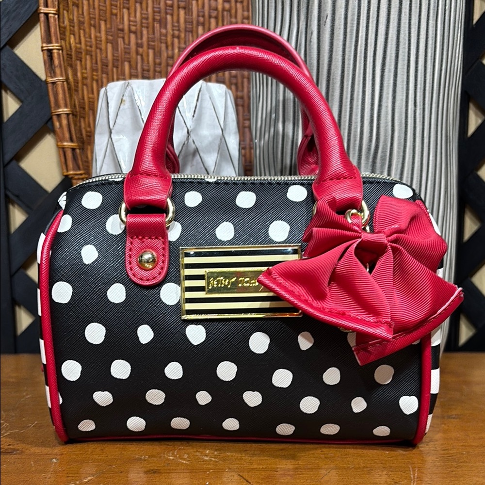 Betsey Johnson Black and White Polka Dot Satchel with Red Accents